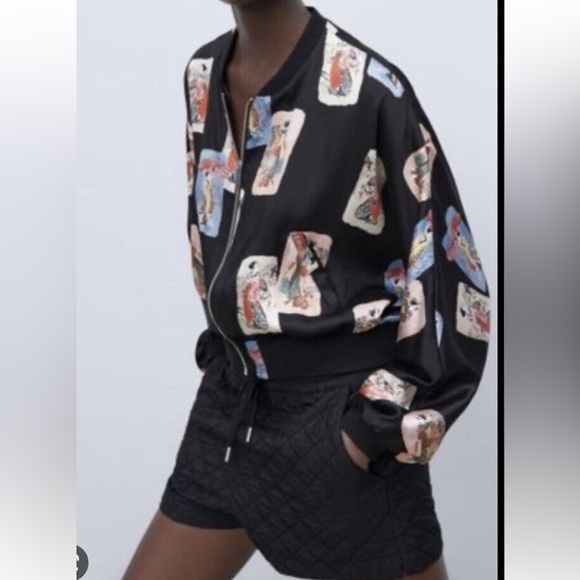 ZARA CROPPED SILKY BOMBER JACKET ASIAN GRAPHIC PRINT SIZE XL - Picture 1 of 5